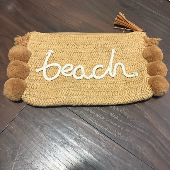SHEIN Boho 'Beach' Straw Clutch Handwoven Summer Vacation Bag with Pom-Pom Trim - Picture 2 of 5